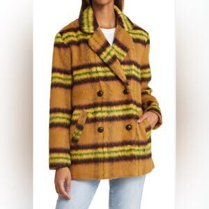 Vigoss Pea Coat, Double Breasted Jacket, Brown Yellow Plaid, Lined, Size S